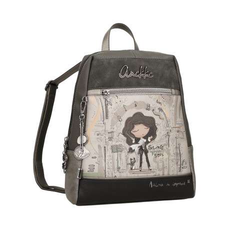 Sac à dos gris à illustrations musicales et poupée avec un design trapèze - Image 3