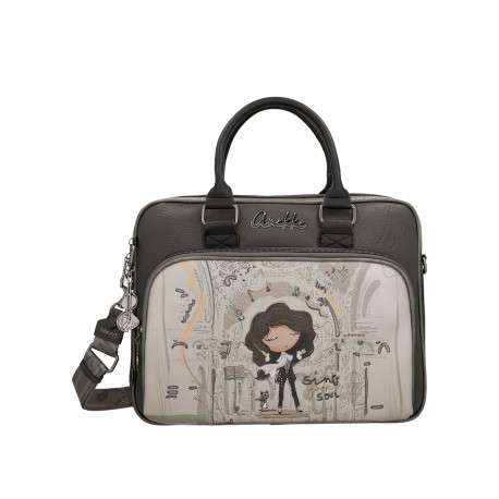 Sac porte documents noir gris et écru à imprimé musicales dotée de 2 anses