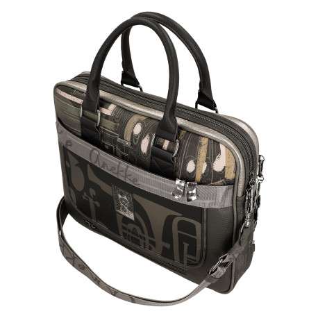 Sac porte documents noir gris et écru à imprimé musicales dotée de 2 anses - Image 4