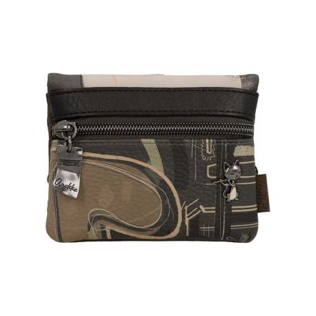Porte-monnaie marron et beige en simili-cuir grainé et signature embossé - Image 2