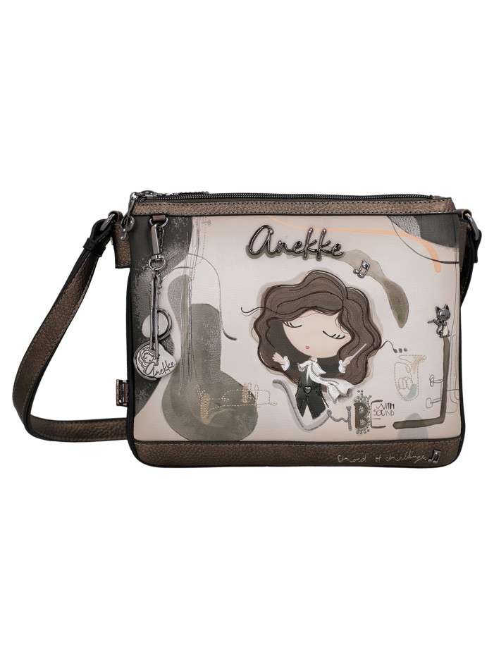 Sac à bandoulière bronze à illustrations musicales doté d'un triple compartiment