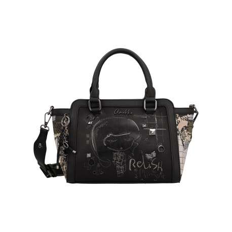 Sac à main noir à surpiqûres graphiques et triple compartiment