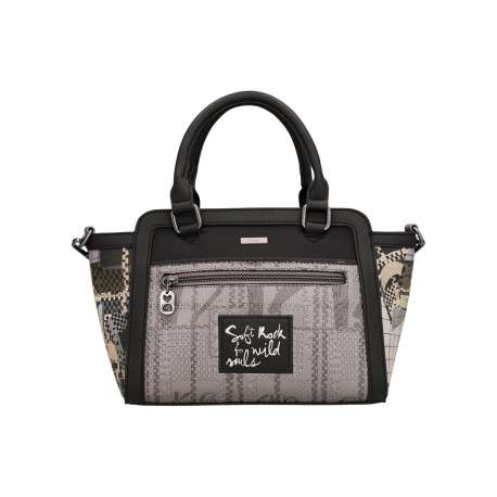 Sac à main noir à surpiqûres graphiques et triple compartiment - Image 2