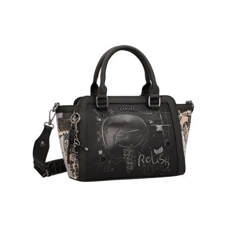 Sac à main noir à surpiqûres graphiques et triple compartiment - Image 3