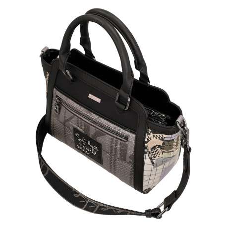 Sac à main noir à surpiqûres graphiques et triple compartiment - Image 4