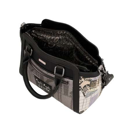Sac à main noir à surpiqûres graphiques et triple compartiment - Image 5