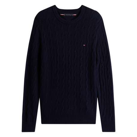 Pull en laine marine à coupe droite pourvu d'un col rond côtelé