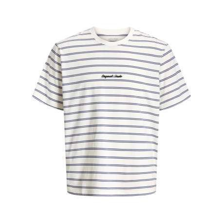T-shirt en coton biologique blanc à rayures pourvu d'une coupe droite
