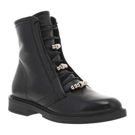 Bottines en cuir noires ornées de perles sur les lacets avec talon décroché bas - Image 2