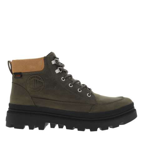 Bottines en cuir kaki à talon décroché bas avec des lacets ronds