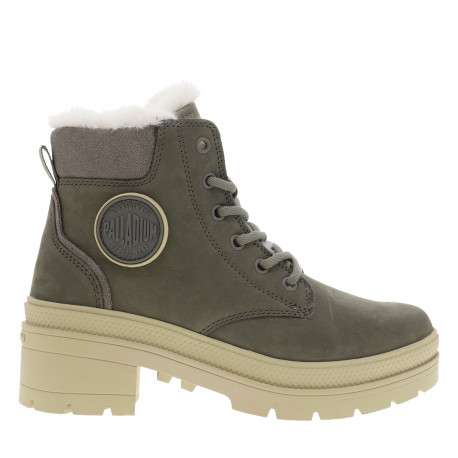 Bottines en cuir taupe à talon décroché moyen avec des lacets et un zip latéral