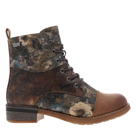 Bottines noisette avec imprimé à talon décroché bas avec lacets et zip latéral