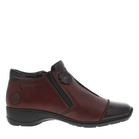 Boots bordeaux vernies à talon décroché bas et à zip avec motif fleur
