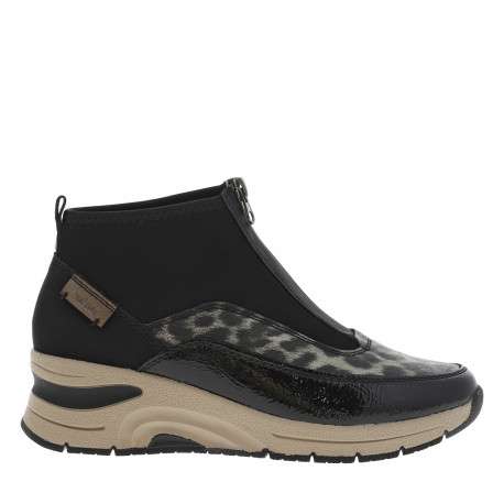 Boots noires avec imprimé léopard à talon semi-compensée et à zip central