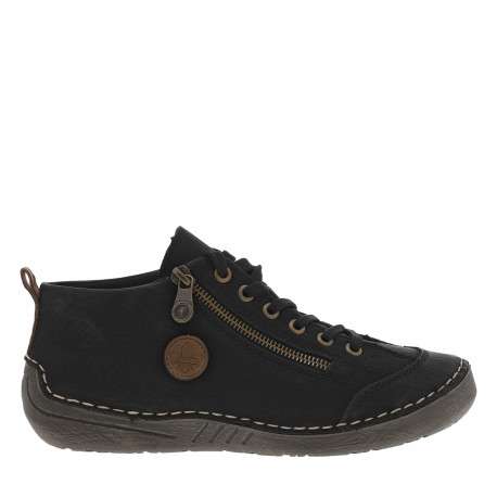 Bottines noires à talon plat avec un logo cousu sur le côté et des lacets