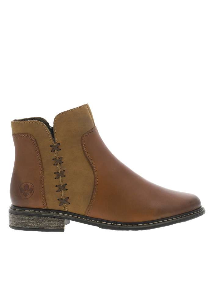 Boots en cuir cognac à talon décroché bas avec un zip et logo embossé