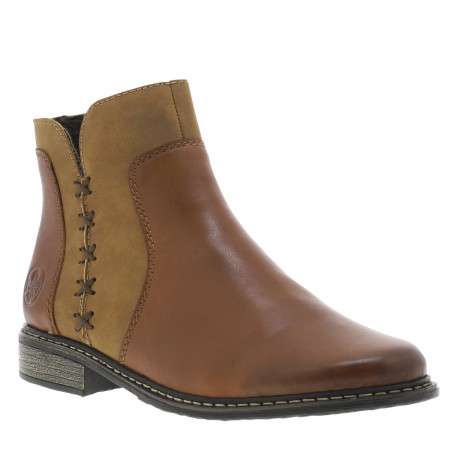 Boots en cuir cognac à talon décroché bas avec un zip et logo embossé - Image 2