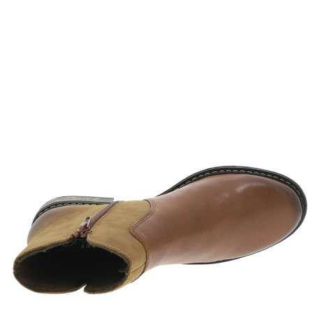 Boots en cuir cognac à talon décroché bas avec un zip et logo embossé - Image 5