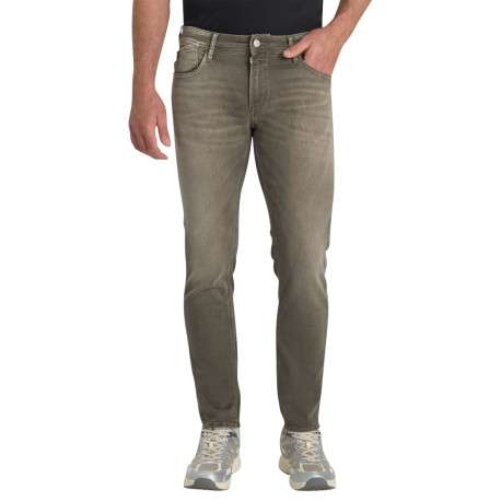 Jean en coton mélangé taupe coupe slim pourvu d'une fermeture par zip et bouton - Image 2