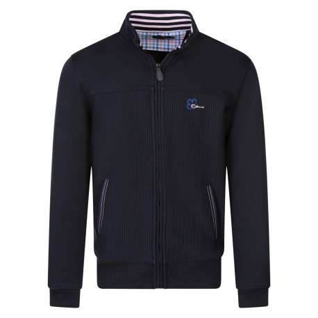 Sweat zippé bleu marine côtelé avec un col montant et des poches