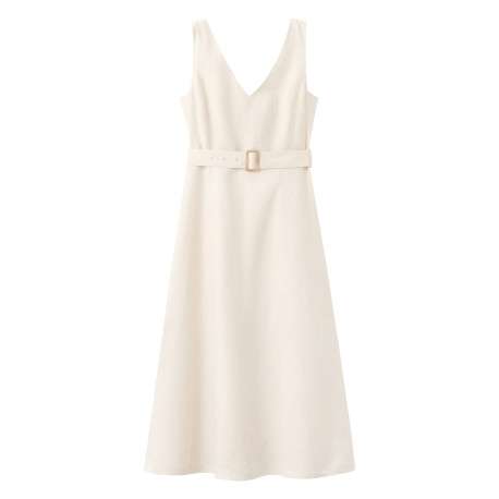Robe longue en lin beige unie avec une coupe évasée et un col V