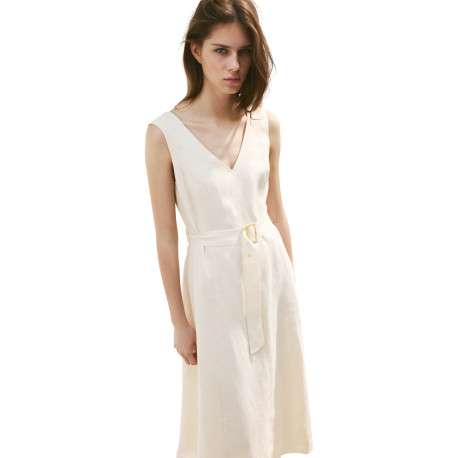 Robe longue en lin beige unie avec une coupe évasée et un col V - Image 2