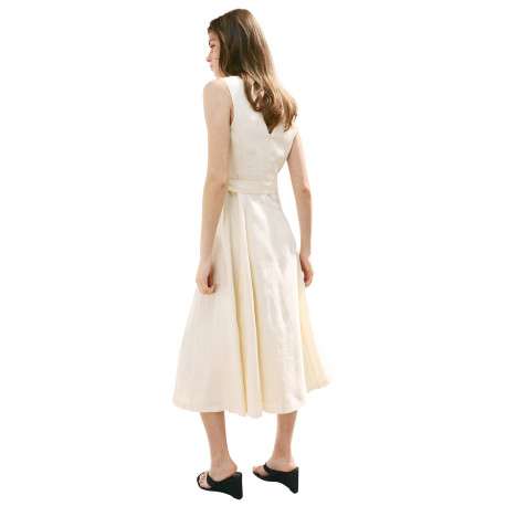 Robe longue en lin beige unie avec une coupe évasée et un col V - Image 3
