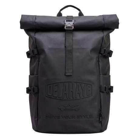Sac à dos roll-top en toile imperméable noire et lettrage embossé