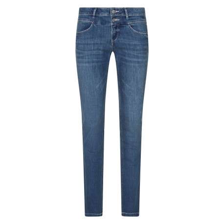 Jean en coton bleu à coupe droite pourvu d'une fermeture par zip et boutons