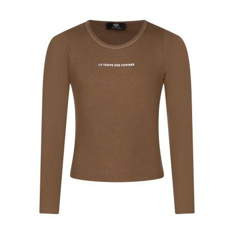 T-shirt en coton brun à coupe ajustée pourvu de manches longues
