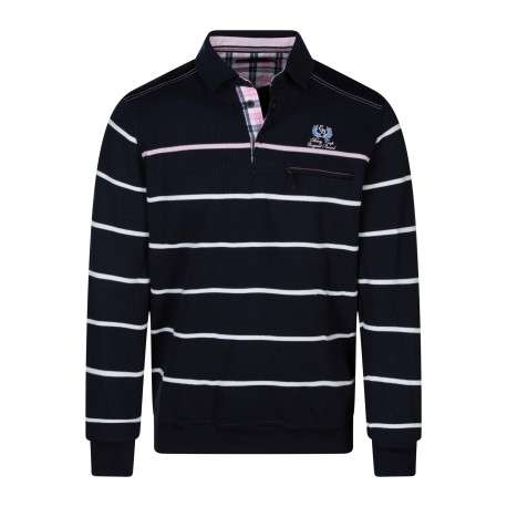 Sweat marine à rayures blanches avec une coupe droite et un col polo