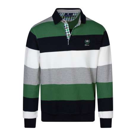 Sweat vert à rayures bleues avec un col polo et des manches longues