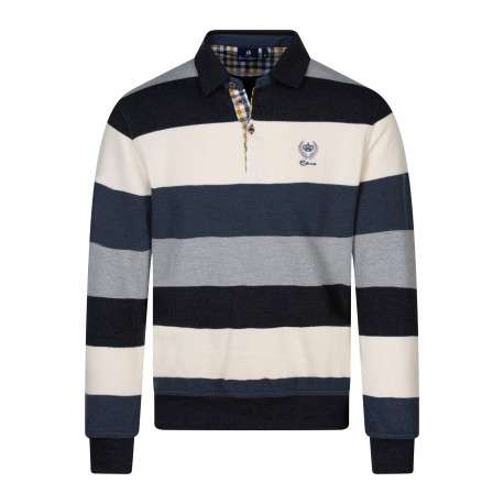 Sweat bleu à rayures pourvu d'un col polo boutonné d'une coupe droite