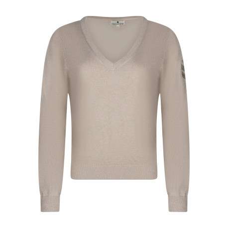 Pull beige à coupe droite pourvu d'un col v et de manches longues