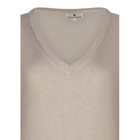 Pull beige à coupe droite pourvu d'un col v et de manches longues - Image 3