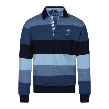 Sweat manches longues bleu à rayures avec un col polo et un logo brodé