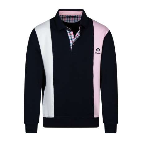 Sweat marine, blanc et rose rayé à coupe droite avec un col polo