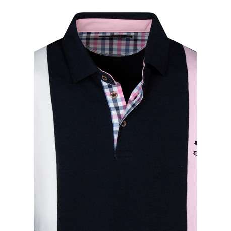 Sweat marine, blanc et rose rayé à coupe droite avec un col polo - Image 3