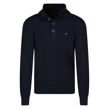Pull en coton bleu marine avec une coupe droite pourvu d'un col boutonné