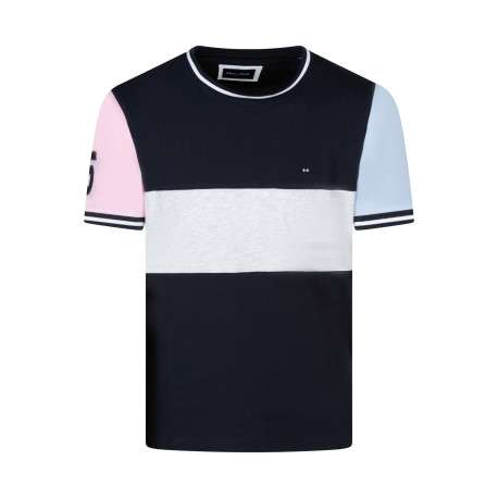 T-shirt en coton bleu et gris à rayures avec un col rond et des manches courtes