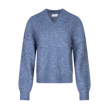 Pull en maille duveteuse bleu à col en V et manches longues