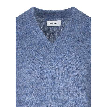 Pull en maille duveteuse bleu à col en V et manches longues - Image 3