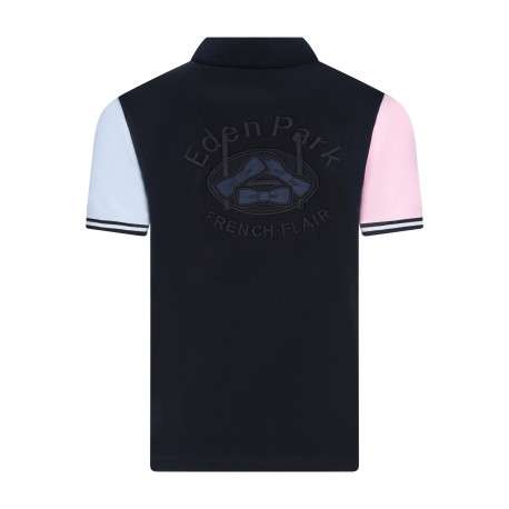 Polo en coton bleu et gris avec un col à revers boutonné et des manches courtes - Image 2