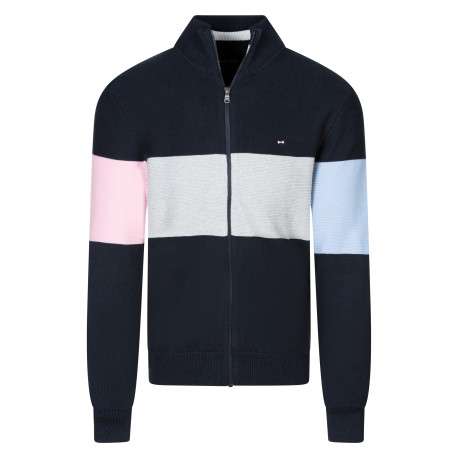Gilet en coton bleu marine gris et rose à grande rayures doté d'un col montant