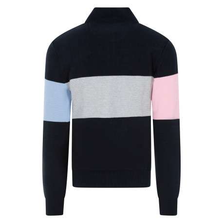 Gilet en coton bleu marine gris et rose à grande rayures doté d'un col montant - Image 2