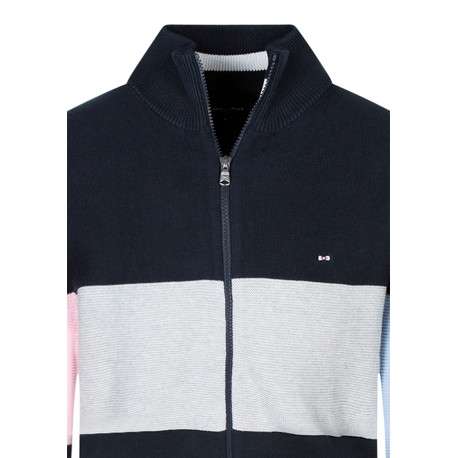 Gilet en coton bleu marine gris et rose à grande rayures doté d'un col montant - Image 3