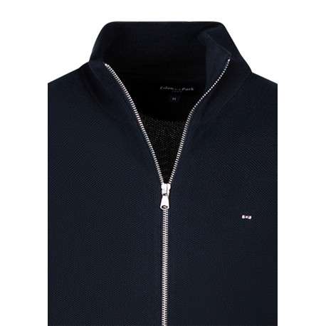 Gilet en coton marine uni avec une fermeture zippée et des manches longues - Image 3