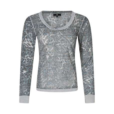 Pull bleu et gris à coupe droite pourvu d'un col rond et de manches longues