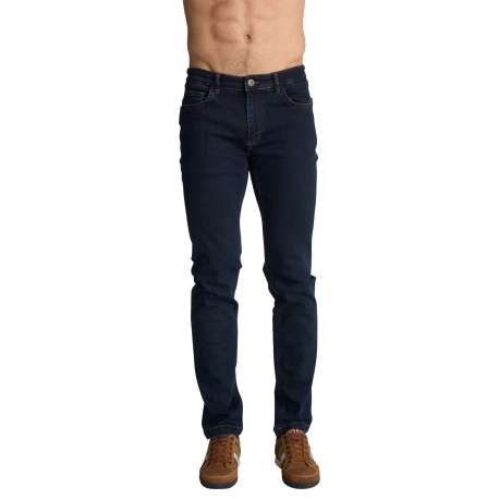 Jean en coton bleu foncé à cinq poches pourvu d'une coupe ajustée