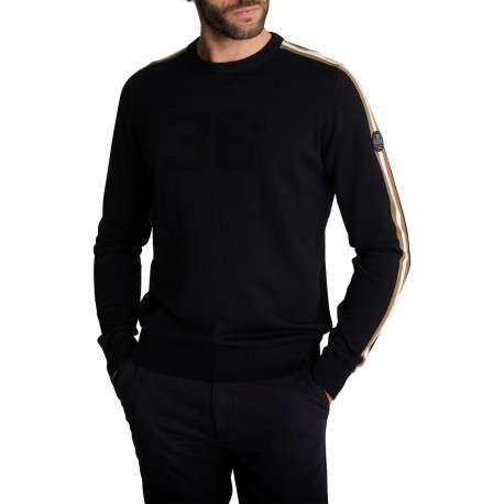Pull noir uni en maille avec un liseré triclore brodé sur les manches